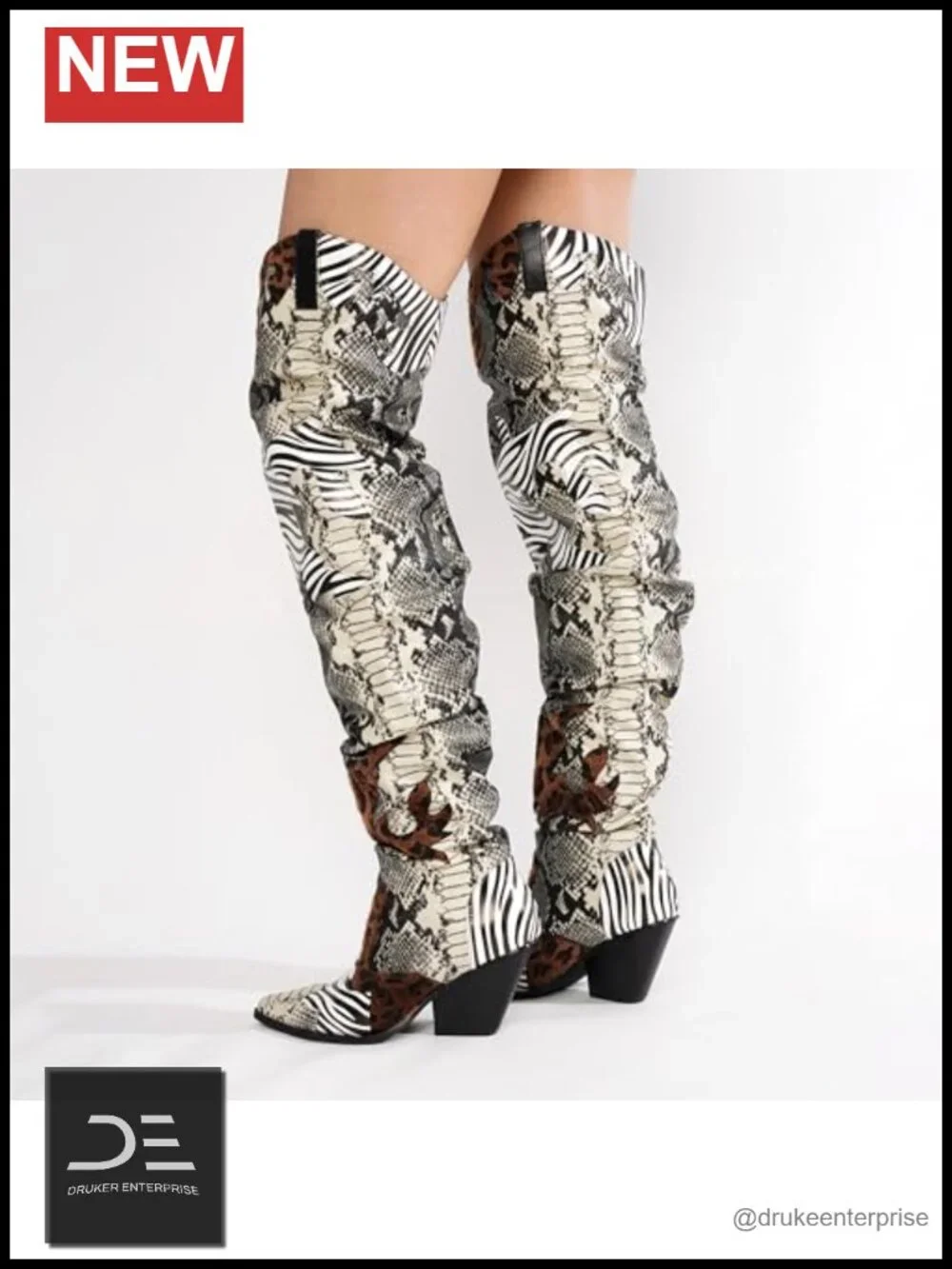 Thigh High Cowboy Boots Faux Snakeskin Chunky Heel